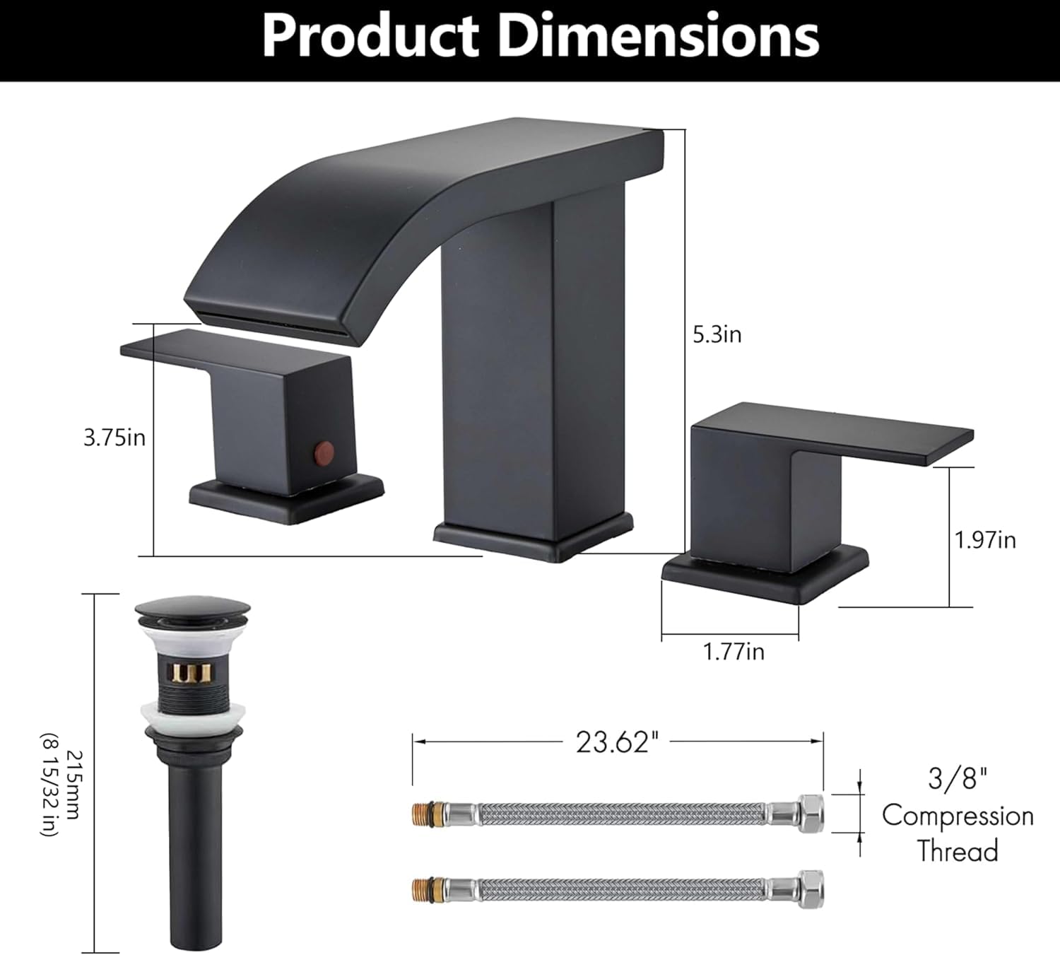 Skybathjoy LED Bathroom Faucet 3 Hole, Black Waterfall Bathroom Faucets, 8 Inch Widespread Modern Bathroom Sink Faucet & Parts, Wide Spread Touch On Three Hole 2 Handle Bathroom Vanity Faucet