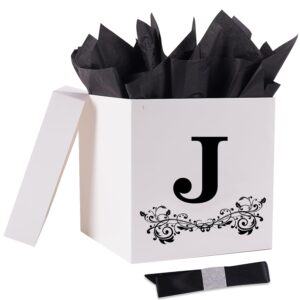 jaywayang letter gift box with lid, ribbon and warpping tissue, 8.7" white and black gift box for men women birthday, baby shower, anniversary, wedding party favor christmas decorative (medium letter j)