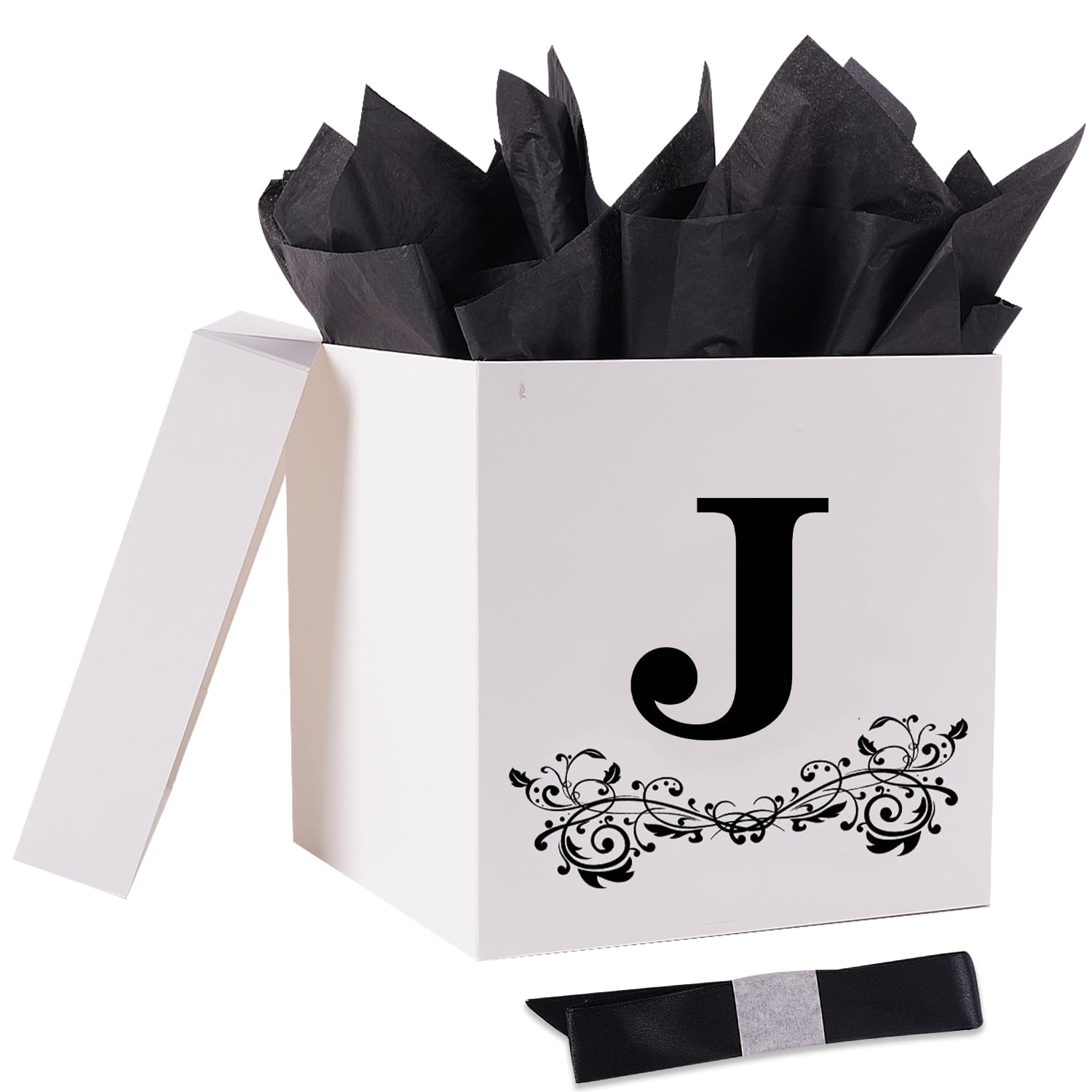 Jaywayang Letter Gift Box with Lid, Ribbon and Warpping Tissue, 8.7" White and Black Gift Box for Men Women Birthday, Baby Shower, Anniversary, Wedding Party Favor Christmas Decorative (Medium Letter J)