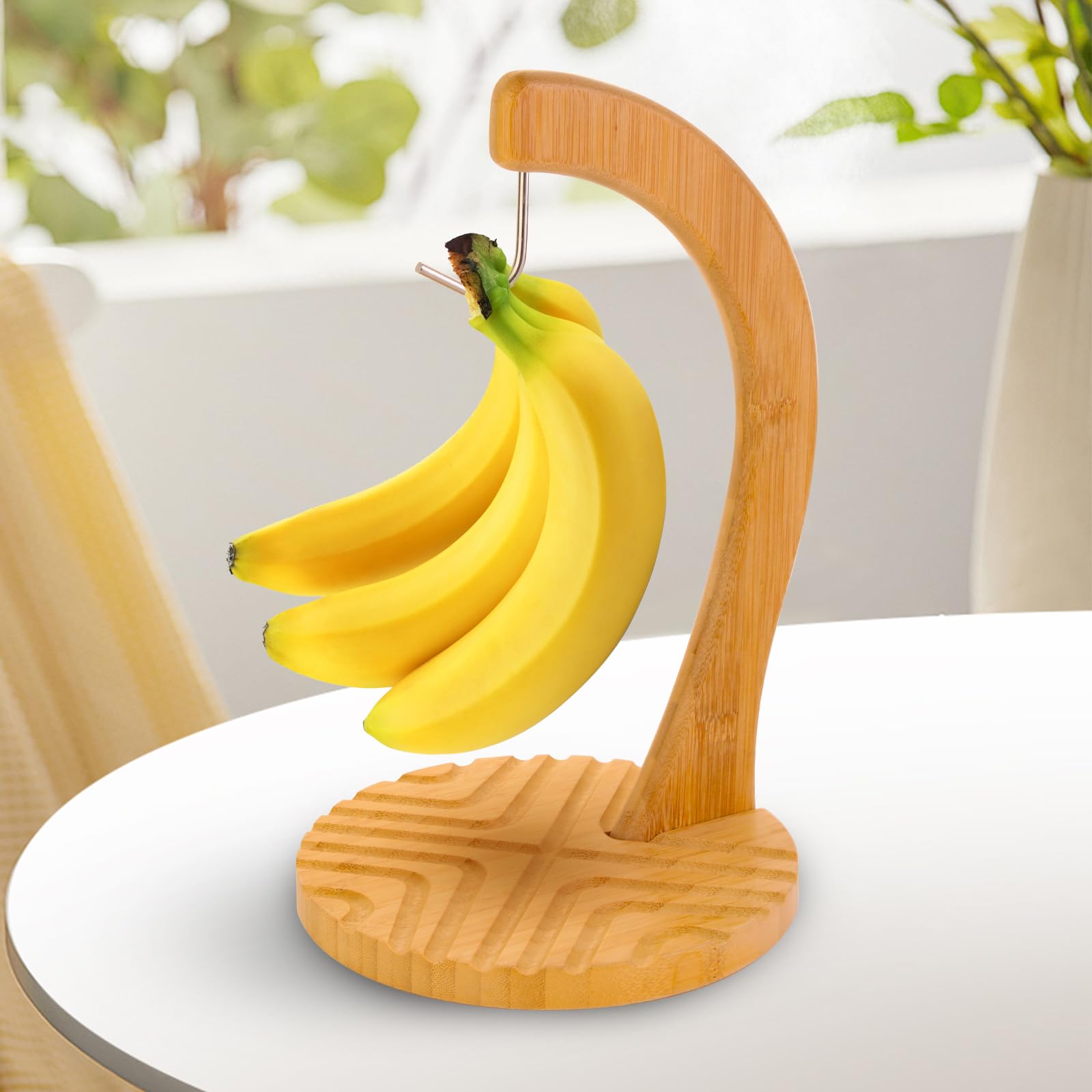 Casabene Bamboo Banana Hanger, Banana Stand, Banana Holder with Stainless Steel Hanging Hook for Kitchen Countertop to Keep Bananas and Fruit Fresh