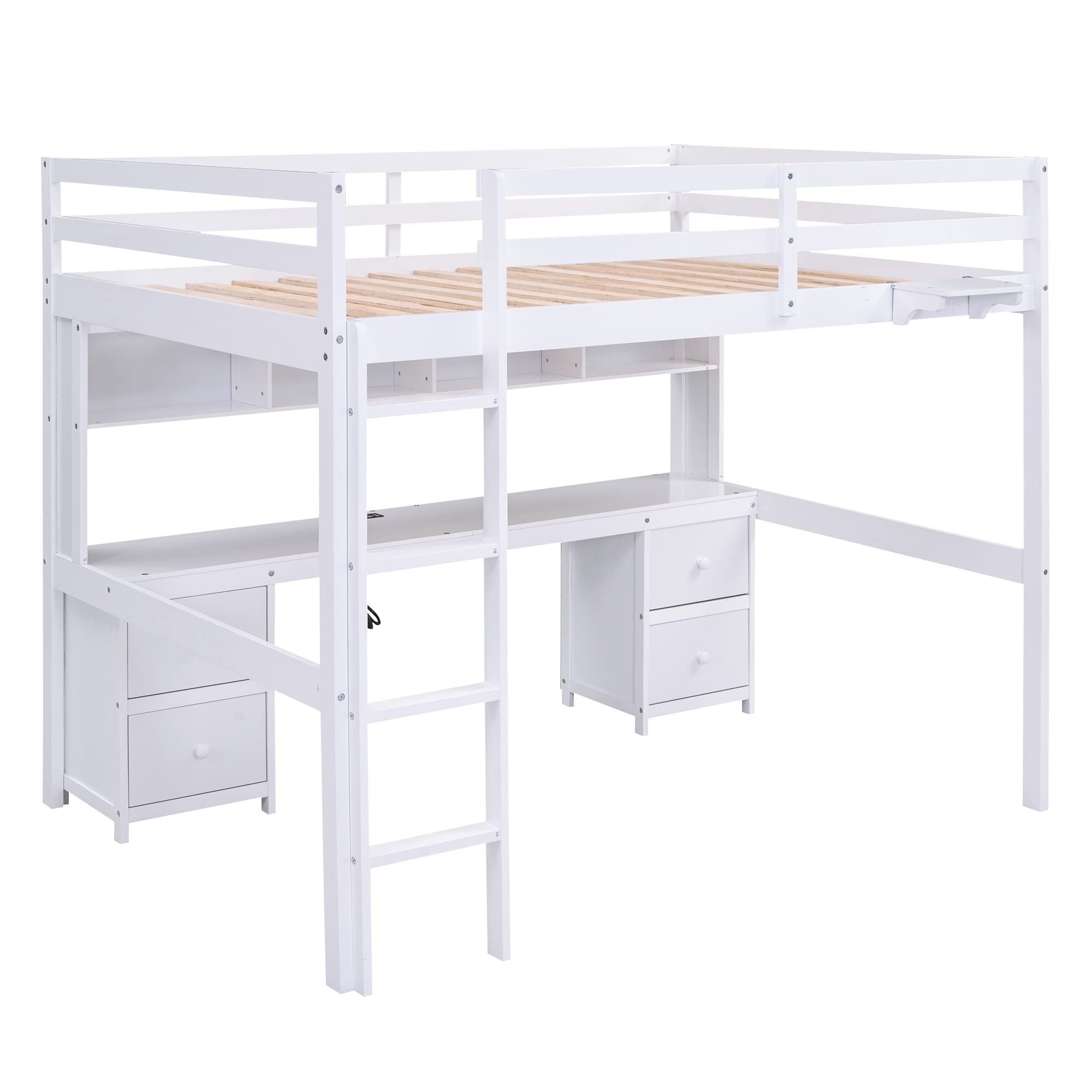 Jintop Full Size Loft Bed with Desk and Cabinets,Multifunctional Storage Solid Wood Bed Frame w/Drawers,Bedside Tray,Charging Station,Integrated Ladder,for Bedroom,Apartment,White