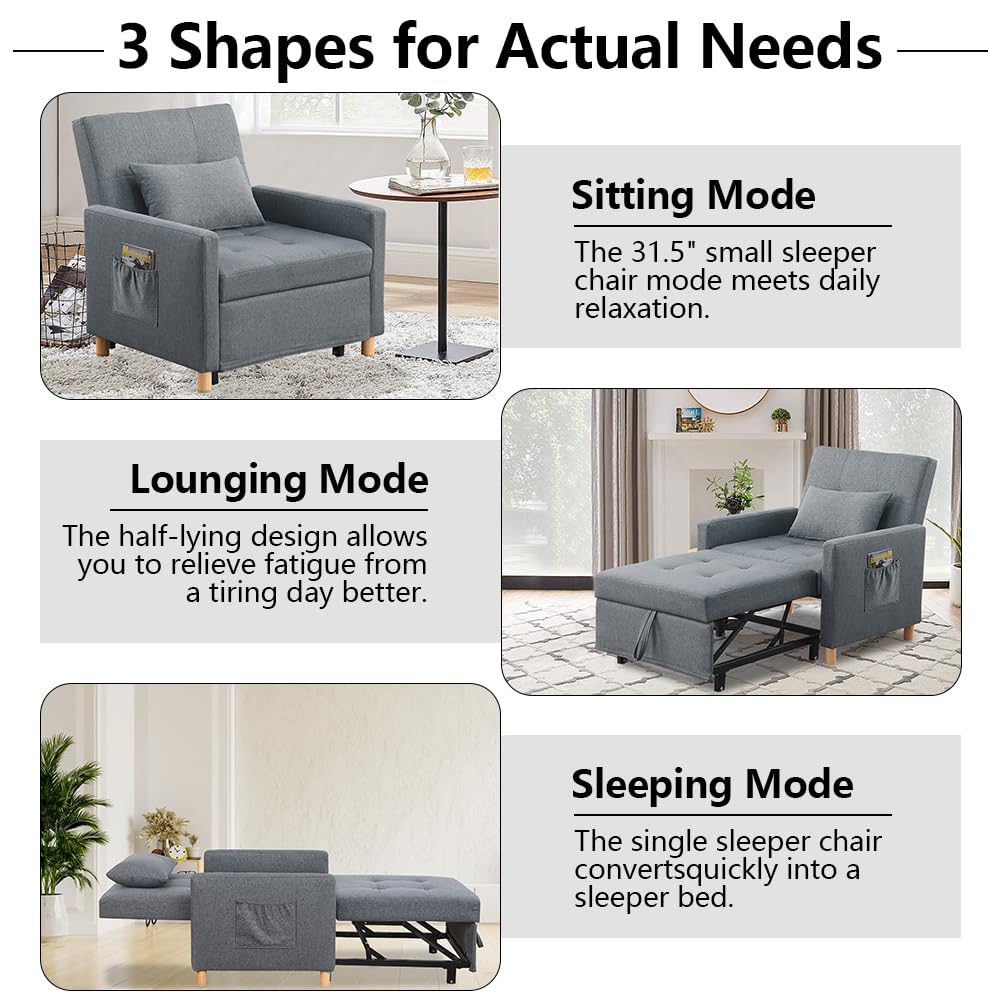 DULATIS Sleeper Chair,Convertible Sleeper Sofa Chair,Pull Out Sleeper Chair with Adjustable Backrest,Multi-Functiona Lounge Chair for Living Room(Gray)