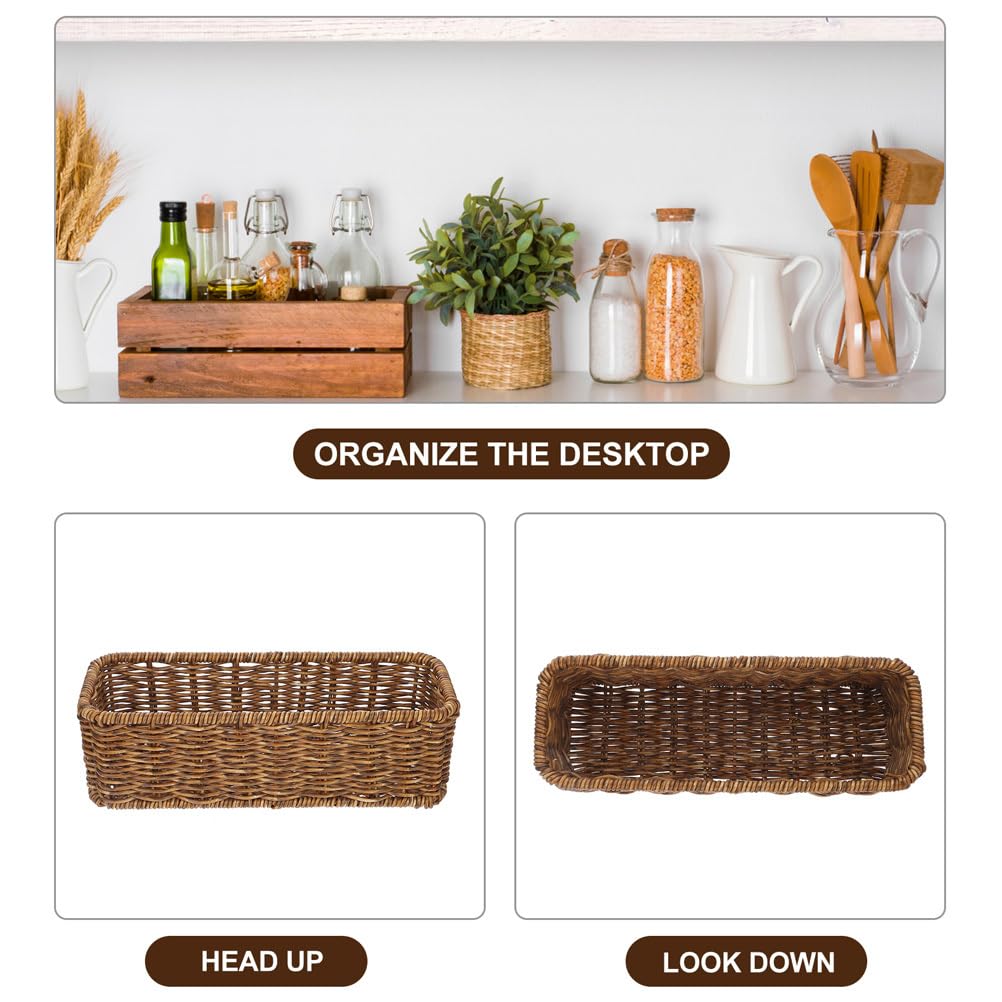 Wicker Storage Baskets Set of 2 Woven Shelf Baskets Narrow Storage Baskets for Organizing Brown Storage Bins for Shelves, Small Wicker Basket for Kitchen Tabletop Bedroom Closet Storage