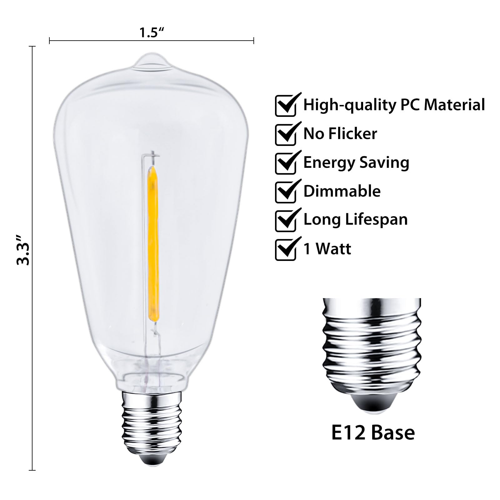 25 Packs ST38 LED Edison Bulbs,0.6Watt E12 Base Small Vintage Light Bulbs Equivalent to 7W Incandescant, 2700K Warm White Bulbs for ST38 String Lights, Shatterproof Waterproof Dimmable, Not for Solar