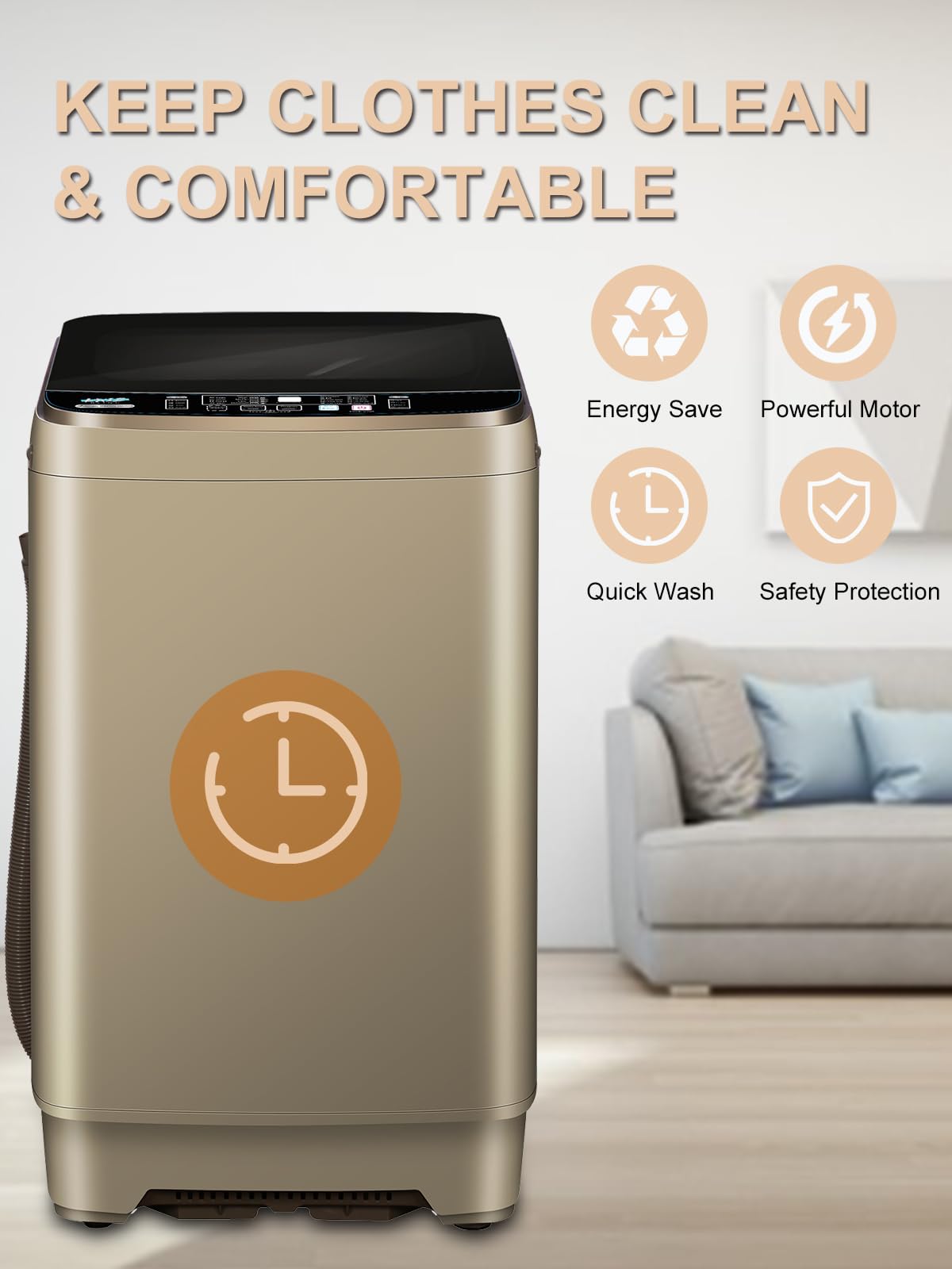 KRIB BLING Full Automatic Washing Machine 25lbs Compact Portable Washing Machine with LED Display, Drain Dump, 10 Wash Programs and 8 Water Levels Ideal for Dorms, Apartments, RV, Gold