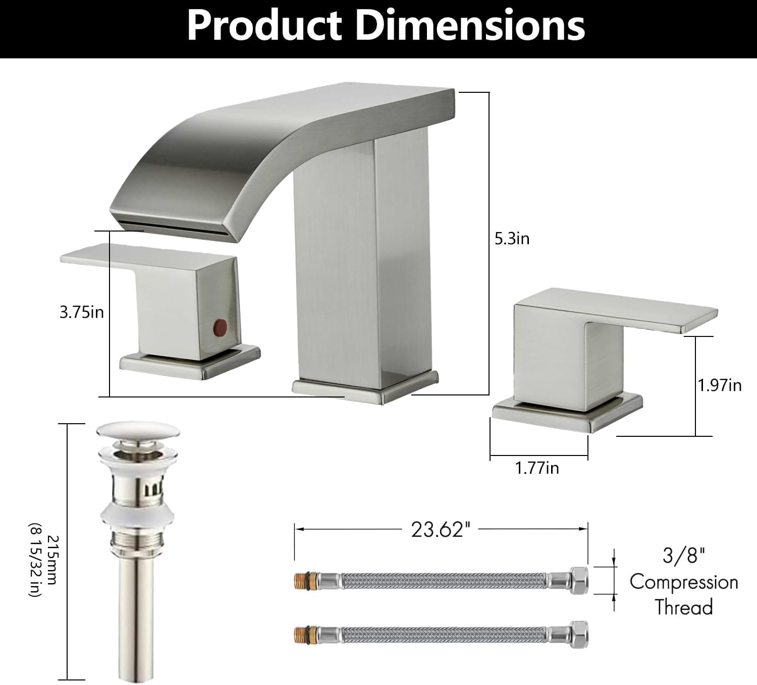 Skybathjoy LED Light Waterfall Bathroom Faucet 3 Hole, Brushed Nickel 8 Inch Widespread Bathroom Faucets & Parts, Modern 3 Piece Bathroom Sink Faucet, Touch On Faucet for Bathroom Vanity