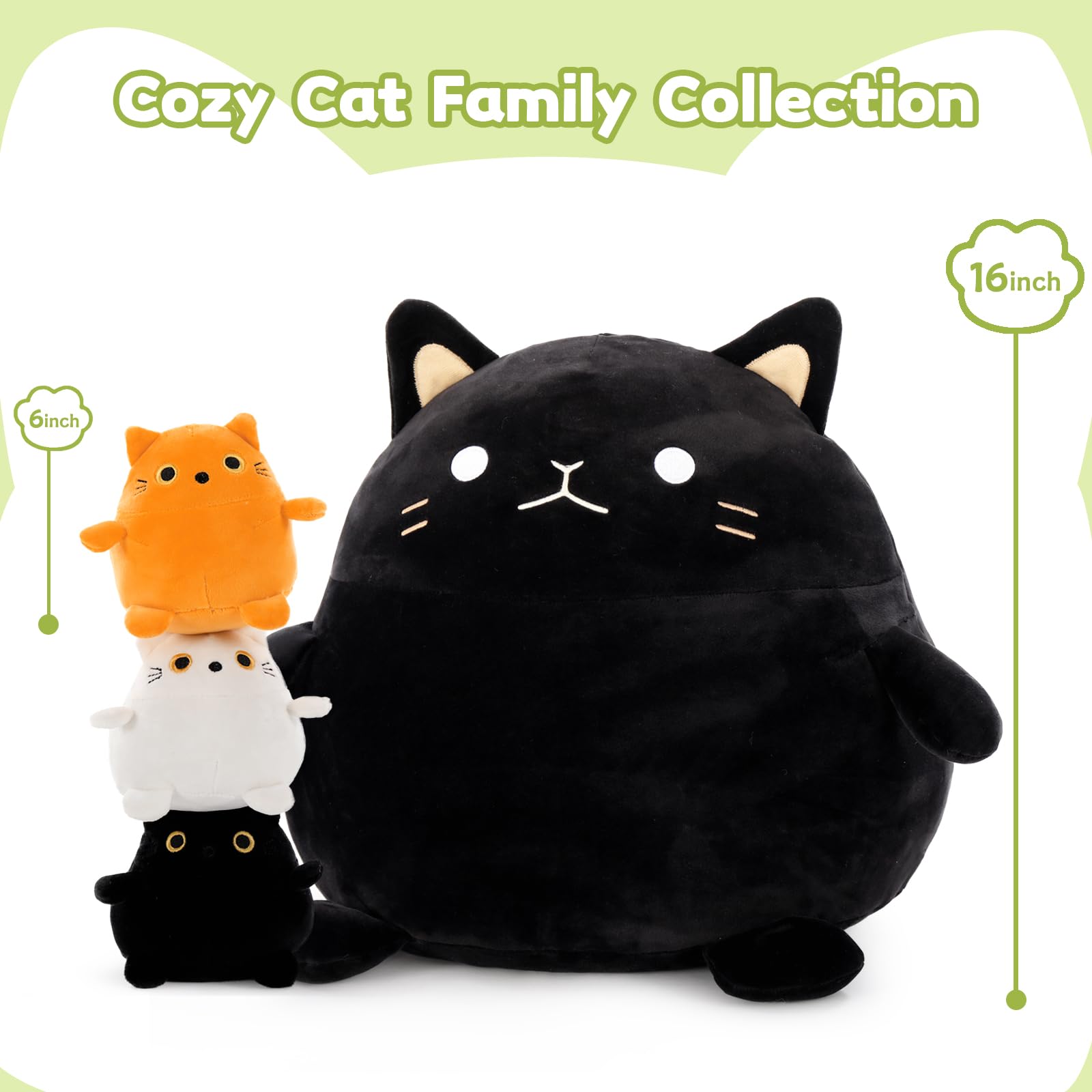 BENINY Cat Plush Toy 4Pcs - 18'' Giant Black Cat Mommy with 3 Cute Baby Kittens - Kawaii Fat Cats Stuffed Animal - Squishy Cat Plushies Pillow Gift for Boys and Girls