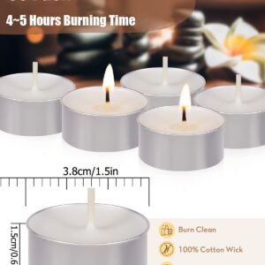 50 Packs Tea Light Candles, 4.5 Hours Burning Time, Unscented & Smokeless Mini Votive Candles, Soft Light Tealight, Small Tea Candle for SPA Relax Romantic Decor, White