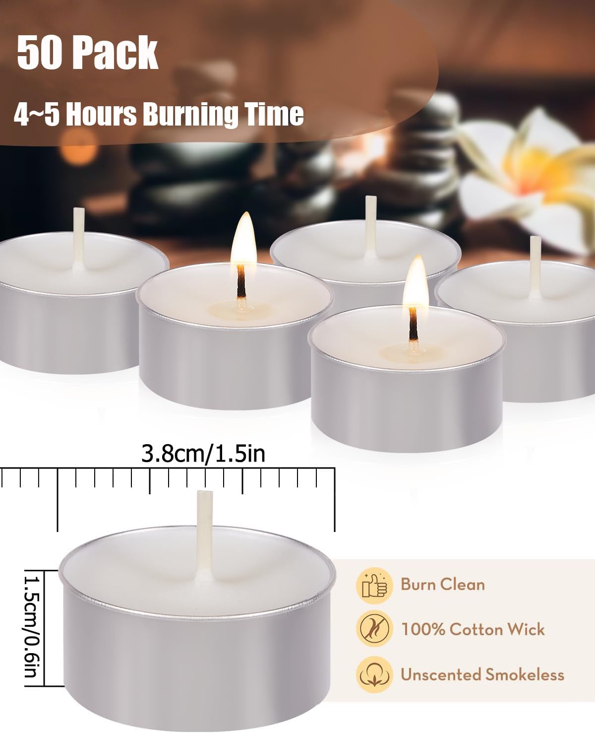 50 Packs Tea Light Candles, 4.5 Hours Burning Time, Unscented & Smokeless Mini Votive Candles, Soft Light Tealight, Small Tea Candle for SPA Relax Romantic Decor, White