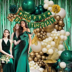 Green Birthday Decorations, Emerald Green and Gold Balloons Party Decorations Happy Birthday Banner Emerald Green Fringe Curtain Birthday Tablecloth Paper Pom Poms for Women Men Birthday Decor