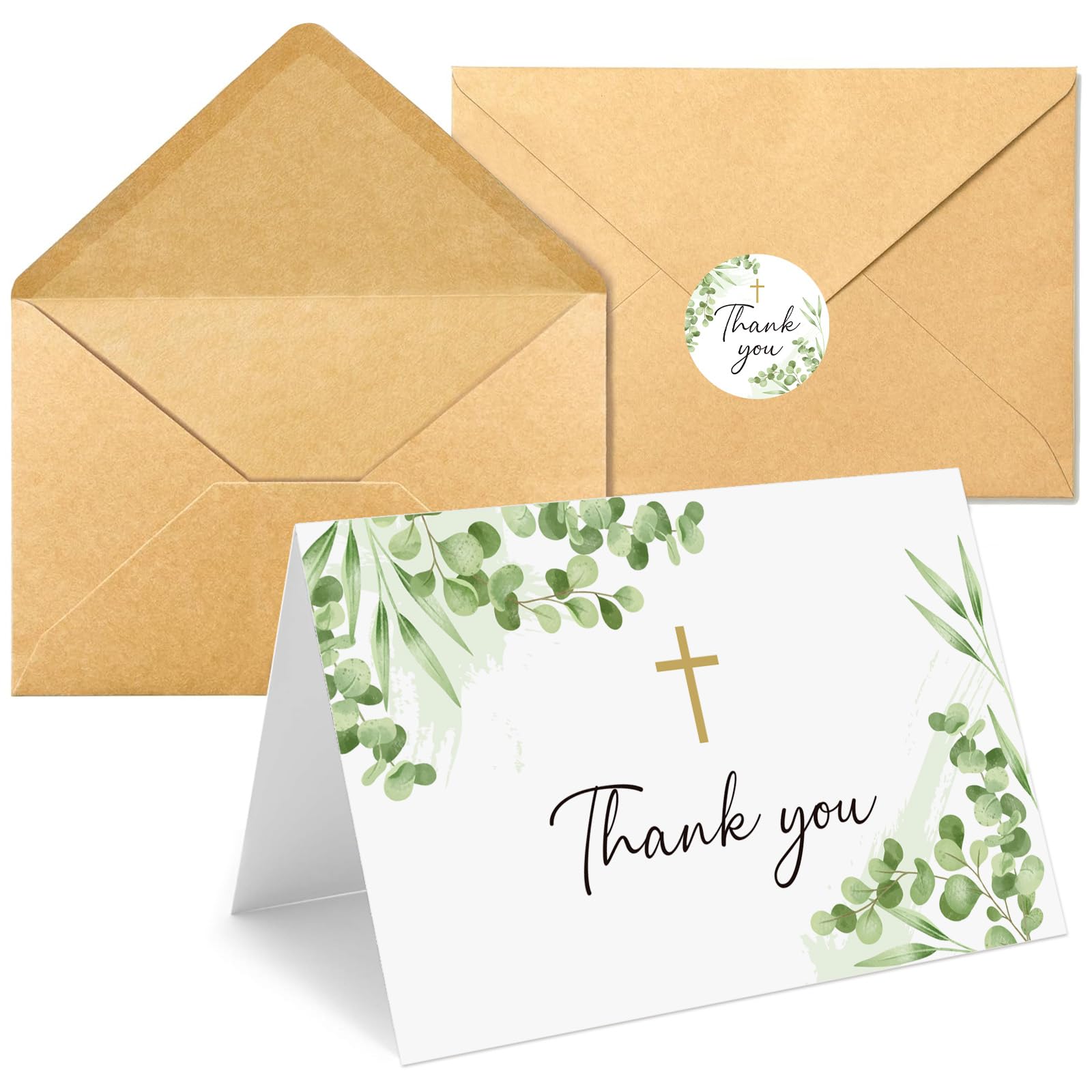 BYBOUS 25 Pack Thank You Cards with Envelope & Stickers, 4 * 6in Watercolor Greenery Cross Blank Inside Thank You Card for Bulk Baptism, Wedding, Bridal Shower, Baby Shower, Communion, Funeral