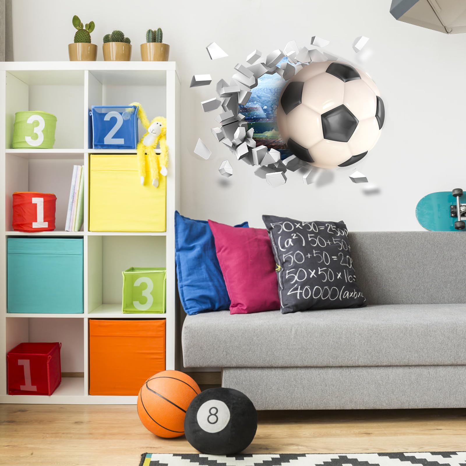 29.5x27.6 Inch 3D Football Wall Sticker Set, 2 Sheets Soccer Decals for Boys Room, PVC Self-Adhesive Soccer Wallpaper Sport Posters Wall Art Decor for Kids Bedroom Home Party Birthday Decoration