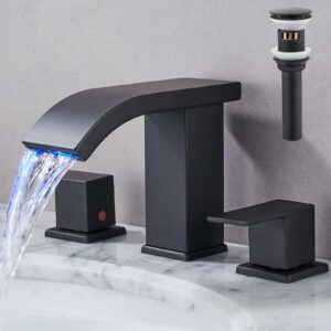 skybathjoy led bathroom faucet 3 hole, black waterfall bathroom faucets, 8 inch widespread modern bathroom sink faucet & parts, wide spread touch on three hole 2 handle bathroom vanity faucet