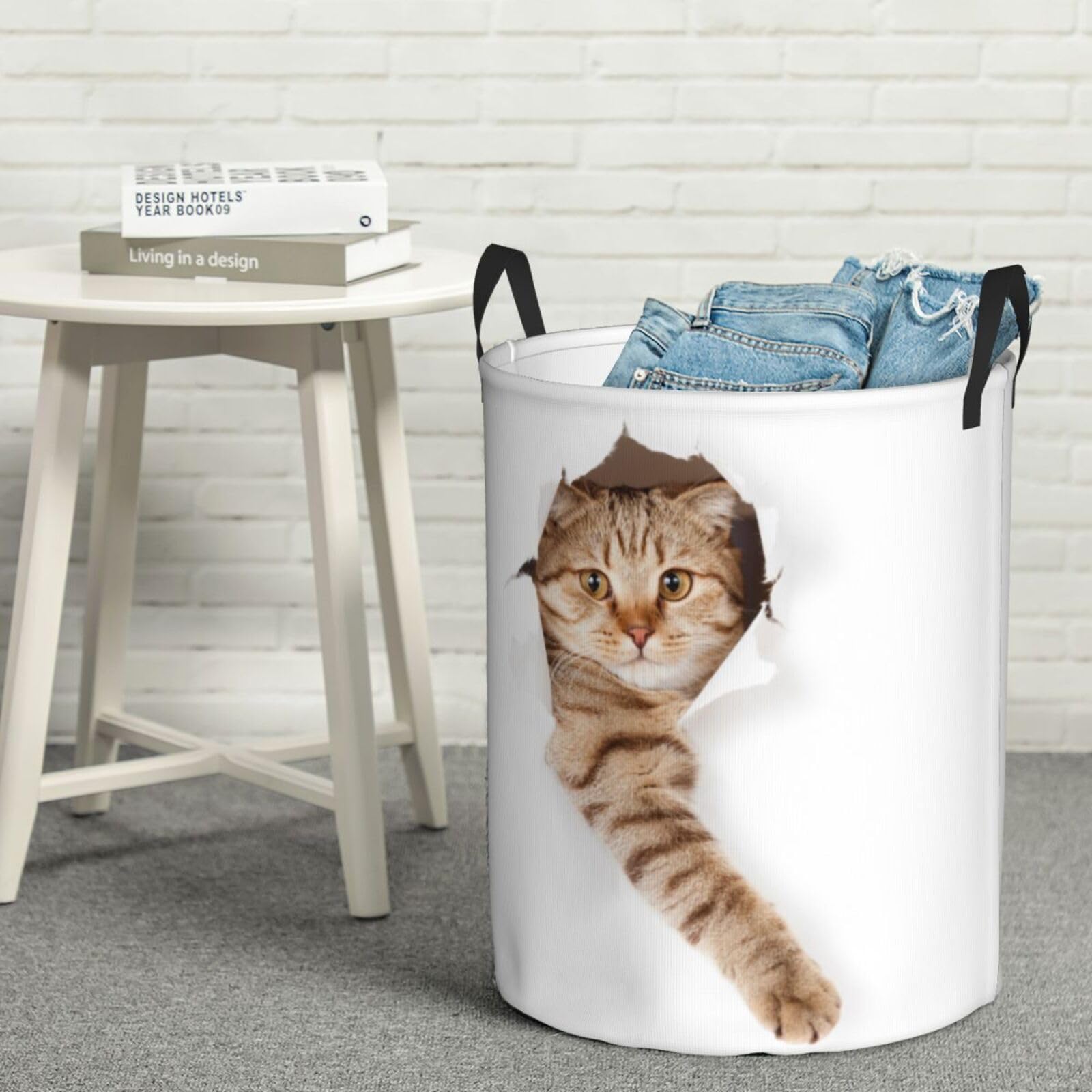 Gbuzozie Cute Cat In White Hole Round Laundry Hamper Storage Basket Toys Clothes Organizer Bin For Home Bathroom Bedroom Dorm Nursery, 62l