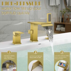 Modern Roman Tub Faucet with Hand Shower, Deck Mount Tub Filler Bathtub Faucet with Sprayer, Single Handle Bathtub Faucet Set, Widespread 3 Hole Bathtub Faucet (Brushed gold-Wide Spout)