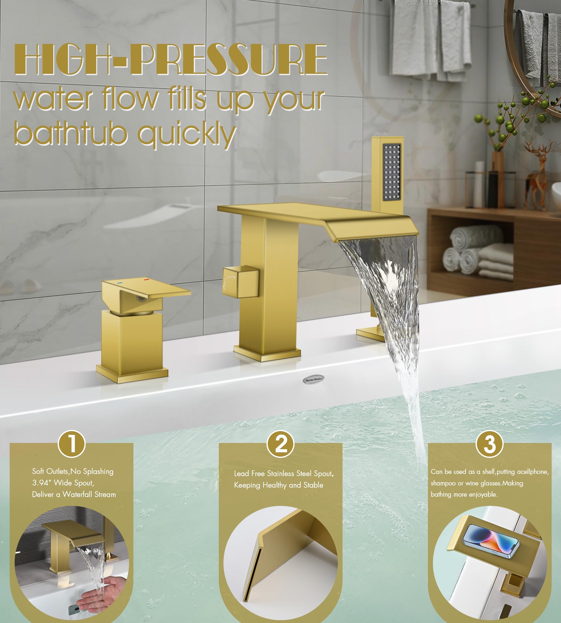 Modern Roman Tub Faucet with Hand Shower, Deck Mount Tub Filler Bathtub Faucet with Sprayer, Single Handle Bathtub Faucet Set, Widespread 3 Hole Bathtub Faucet (Brushed gold-Wide Spout)