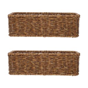 Wicker Storage Baskets Set of 2 Woven Shelf Baskets Narrow Storage Baskets for Organizing Brown Storage Bins for Shelves, Small Wicker Basket for Kitchen Tabletop Bedroom Closet Storage