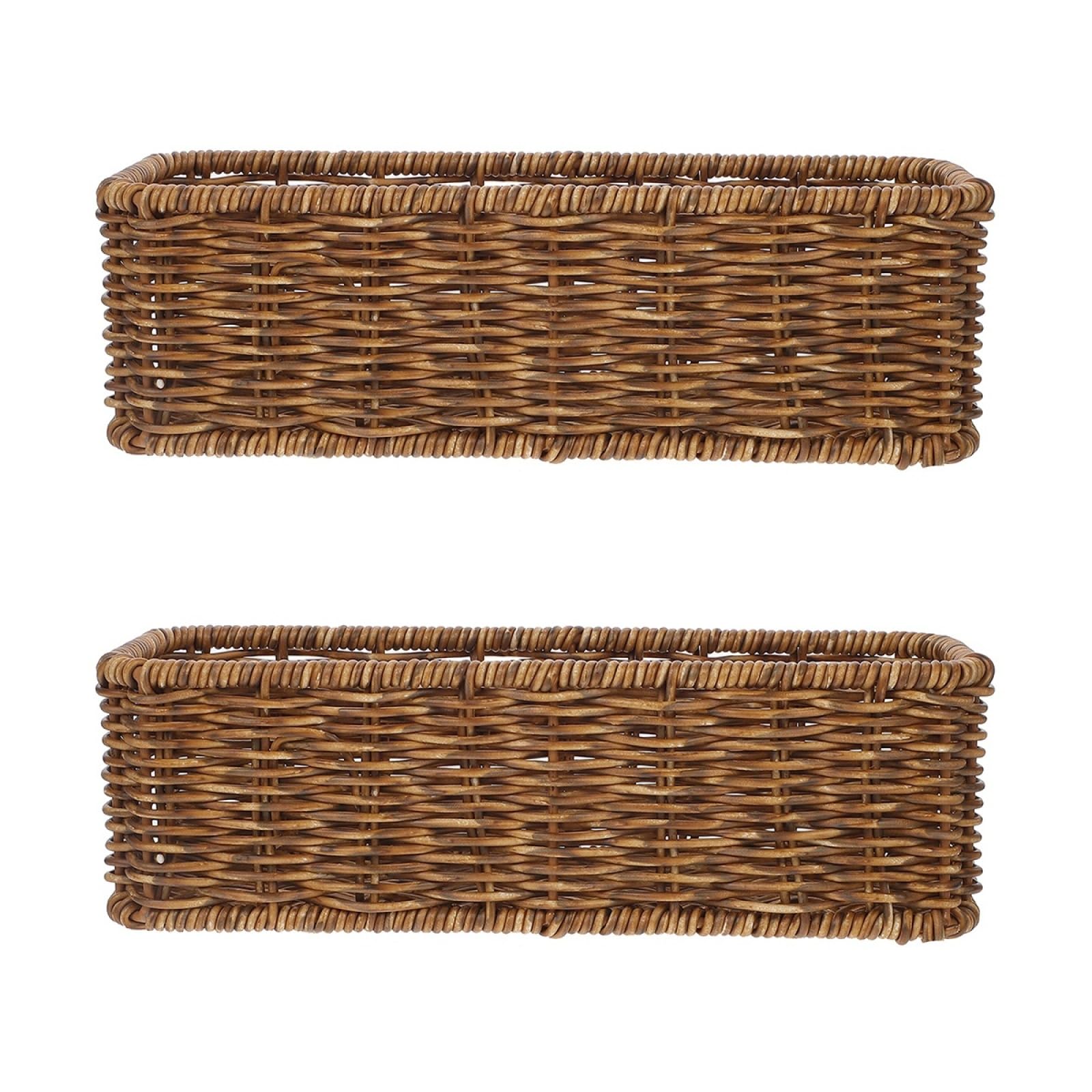 Wicker Storage Baskets Set of 2 Woven Shelf Baskets Narrow Storage Baskets for Organizing Brown Storage Bins for Shelves, Small Wicker Basket for Kitchen Tabletop Bedroom Closet Storage