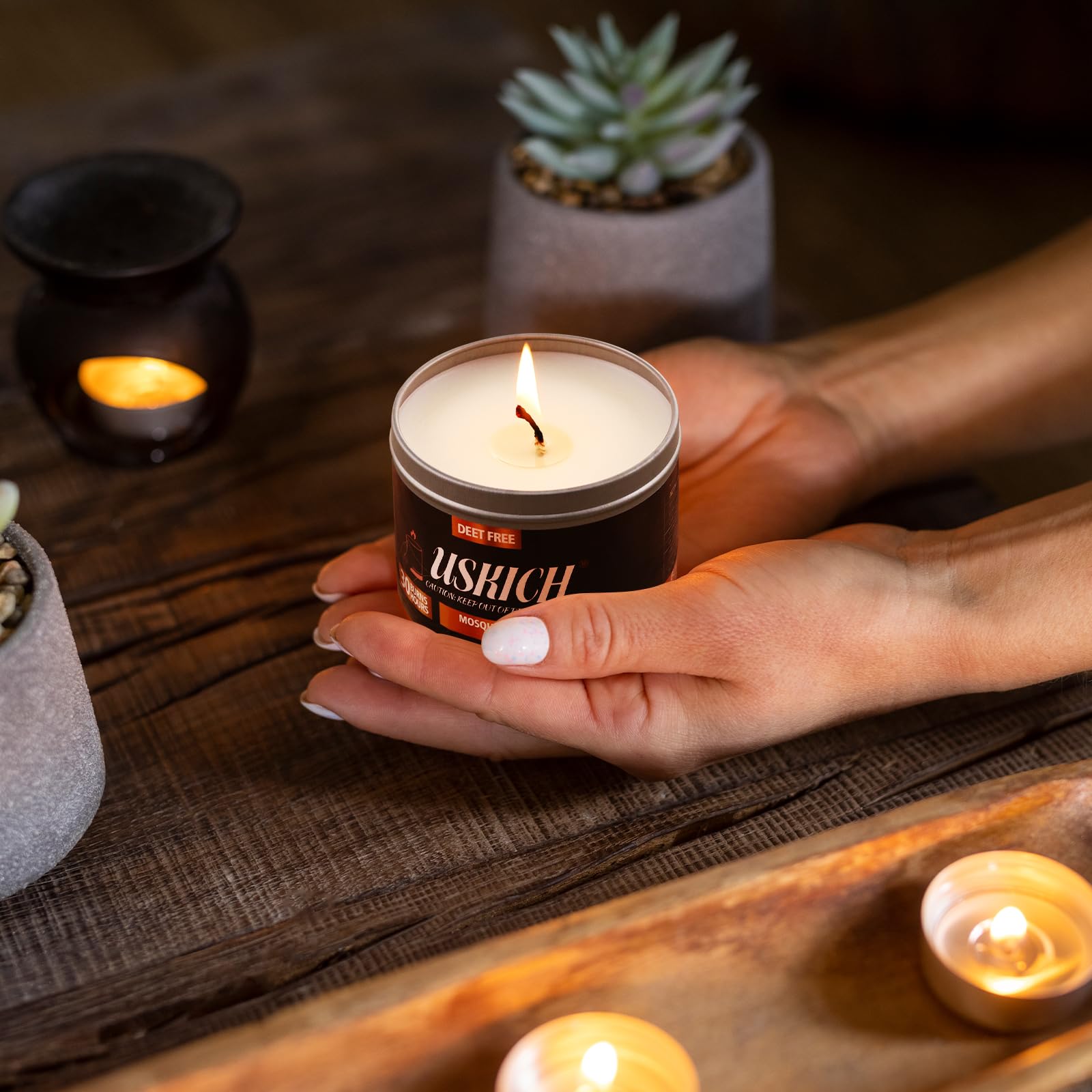 USKICH Mosquito Repellent Candle | Citronella Candle | DEET Free | Made with Plant Based Essential Oils and a Soy/Beeswax Blend for Outdoor, Camping | 30 Hours Burn Time | 6.4 oz | 4 Pack