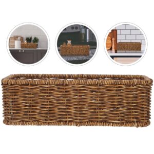 Wicker Storage Baskets Set of 2 Woven Shelf Baskets Narrow Storage Baskets for Organizing Brown Storage Bins for Shelves, Small Wicker Basket for Kitchen Tabletop Bedroom Closet Storage