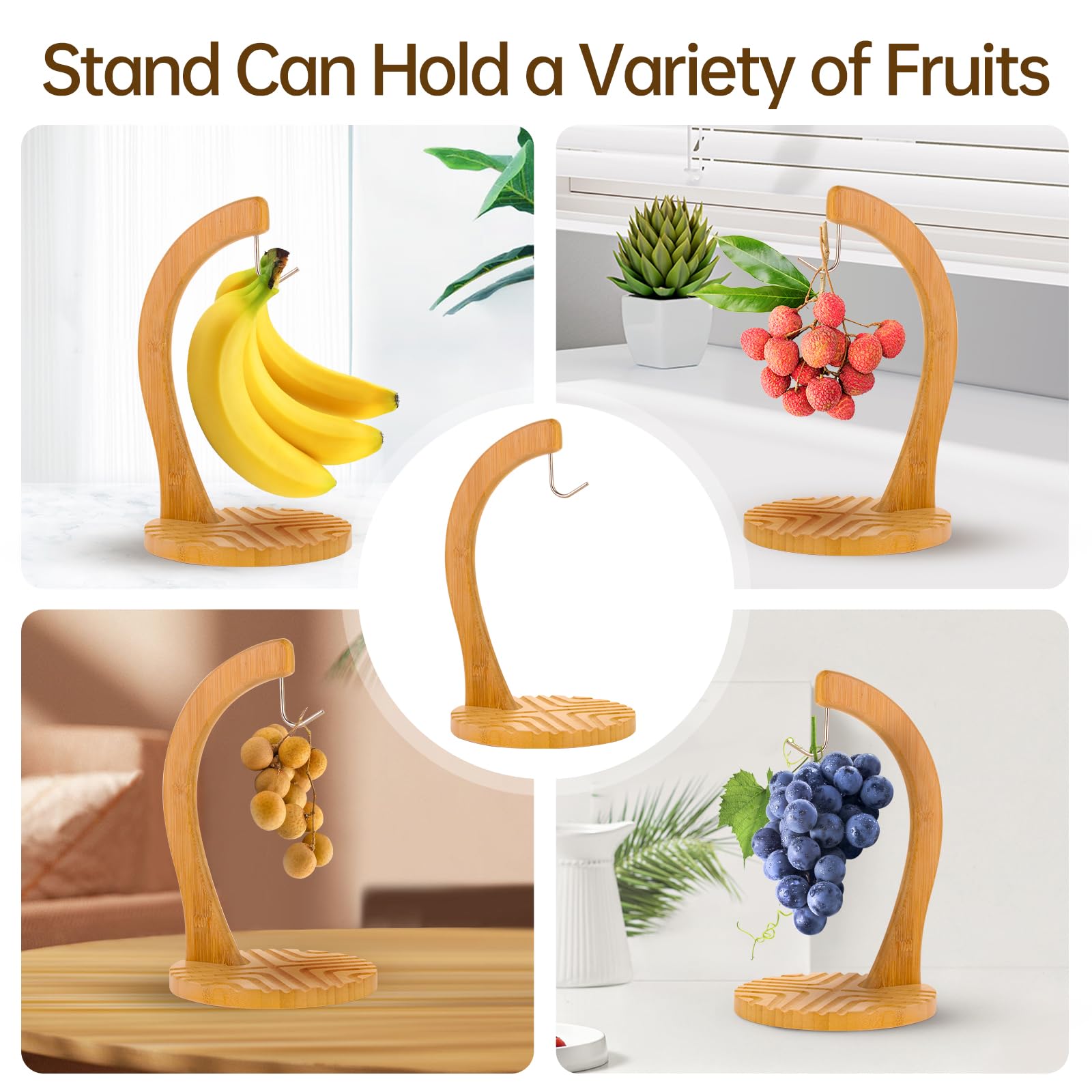 Casabene Bamboo Banana Hanger, Banana Stand, Banana Holder with Stainless Steel Hanging Hook for Kitchen Countertop to Keep Bananas and Fruit Fresh