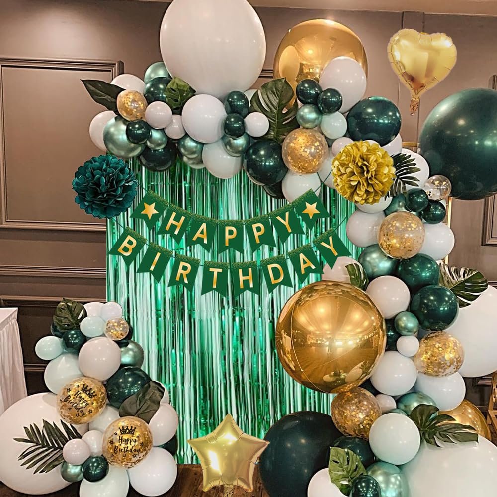 Green Birthday Decorations, Emerald Green and Gold Balloons Party Decorations Happy Birthday Banner Emerald Green Fringe Curtain Birthday Tablecloth Paper Pom Poms for Women Men Birthday Decor