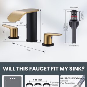 WOWOW Waterfall Bathroom Faucet 3 Holes 8Inch Widespread Bathroom Sink Faucet, Two Handles Lavatory Vanity Sink Faucets with Pop-up Drain & Supply Hoses, Modern Faucet Mixer Taps Black and Gold