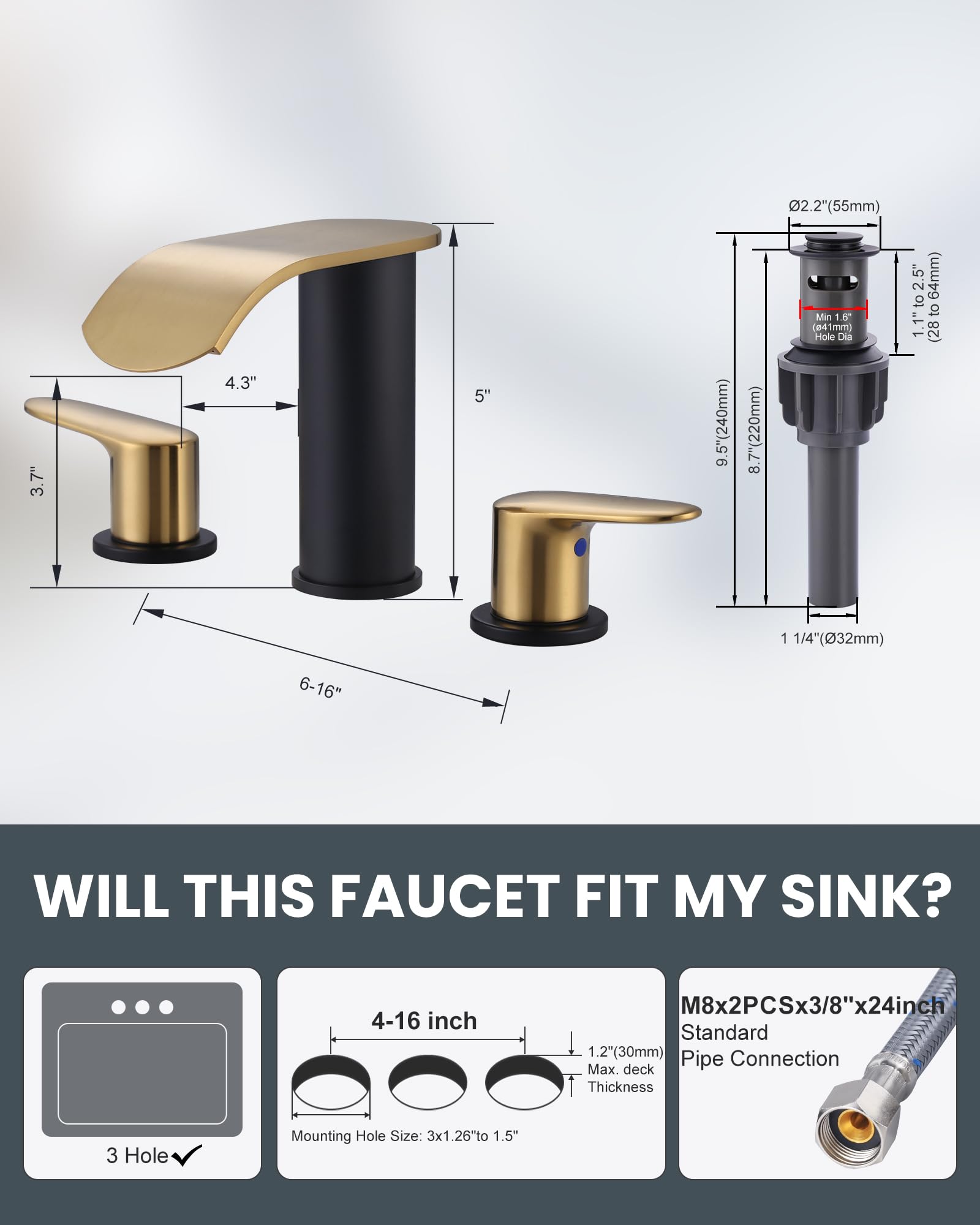 WOWOW Waterfall Bathroom Faucet 3 Holes 8Inch Widespread Bathroom Sink Faucet, Two Handles Lavatory Vanity Sink Faucets with Pop-up Drain & Supply Hoses, Modern Faucet Mixer Taps Black and Gold