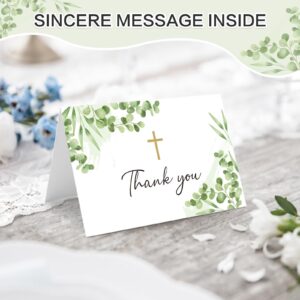 BYBOUS 25 Pack Thank You Cards with Envelope & Stickers, 4 * 6in Watercolor Greenery Cross Blank Inside Thank You Card for Bulk Baptism, Wedding, Bridal Shower, Baby Shower, Communion, Funeral