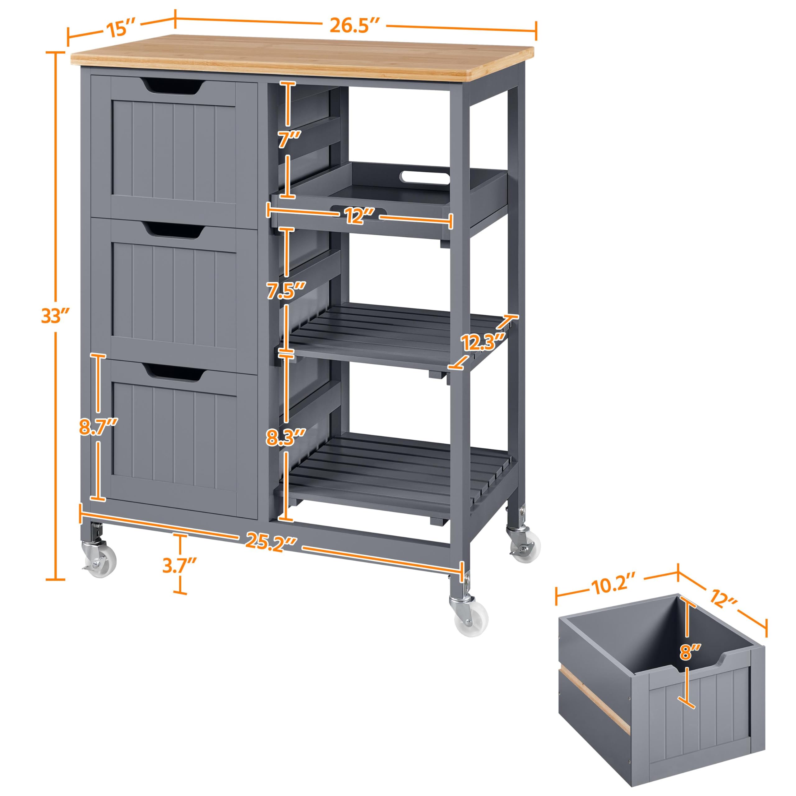 Yaheetech Kitchen Island Cart on Wheels with Storage, Rolling Bar Cart with Solid Wood Top and 3 Drawers, 3 Removable Shelves, Serving Utility Carts for Dining Room/Small Kitchen, Dark Gray