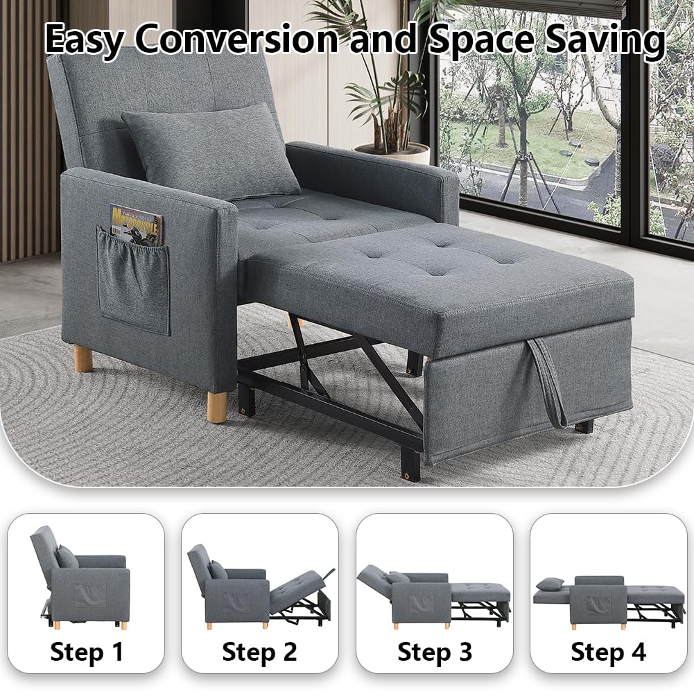 DULATIS Sleeper Chair,Convertible Sleeper Sofa Chair,Pull Out Sleeper Chair with Adjustable Backrest,Multi-Functiona Lounge Chair for Living Room(Gray)