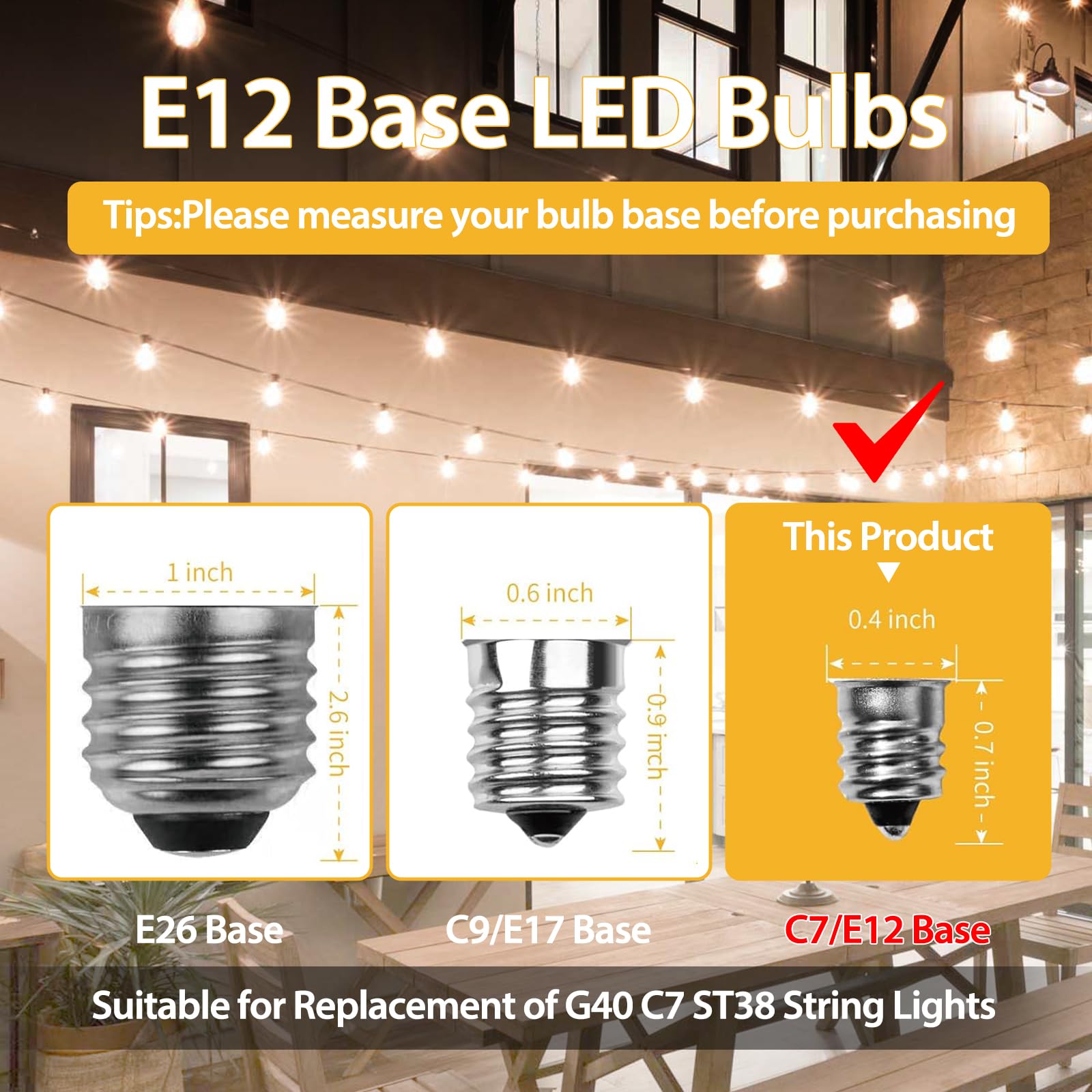 25 Packs ST38 LED Edison Bulbs,0.6Watt E12 Base Small Vintage Light Bulbs Equivalent to 7W Incandescant, 2700K Warm White Bulbs for ST38 String Lights, Shatterproof Waterproof Dimmable, Not for Solar