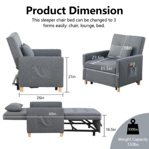 DULATIS Sleeper Chair,Convertible Sleeper Sofa Chair,Pull Out Sleeper Chair with Adjustable Backrest,Multi-Functiona Lounge Chair for Living Room(Gray)