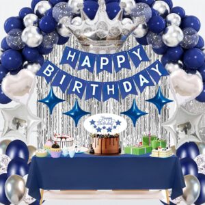 navy blue happy birthday party decorations set for men boys women girls, banner, crown balloon, fringe curtains, cake topper，tablecloth for 16th 18th 21st 25th 30th 40th 50th party supplies