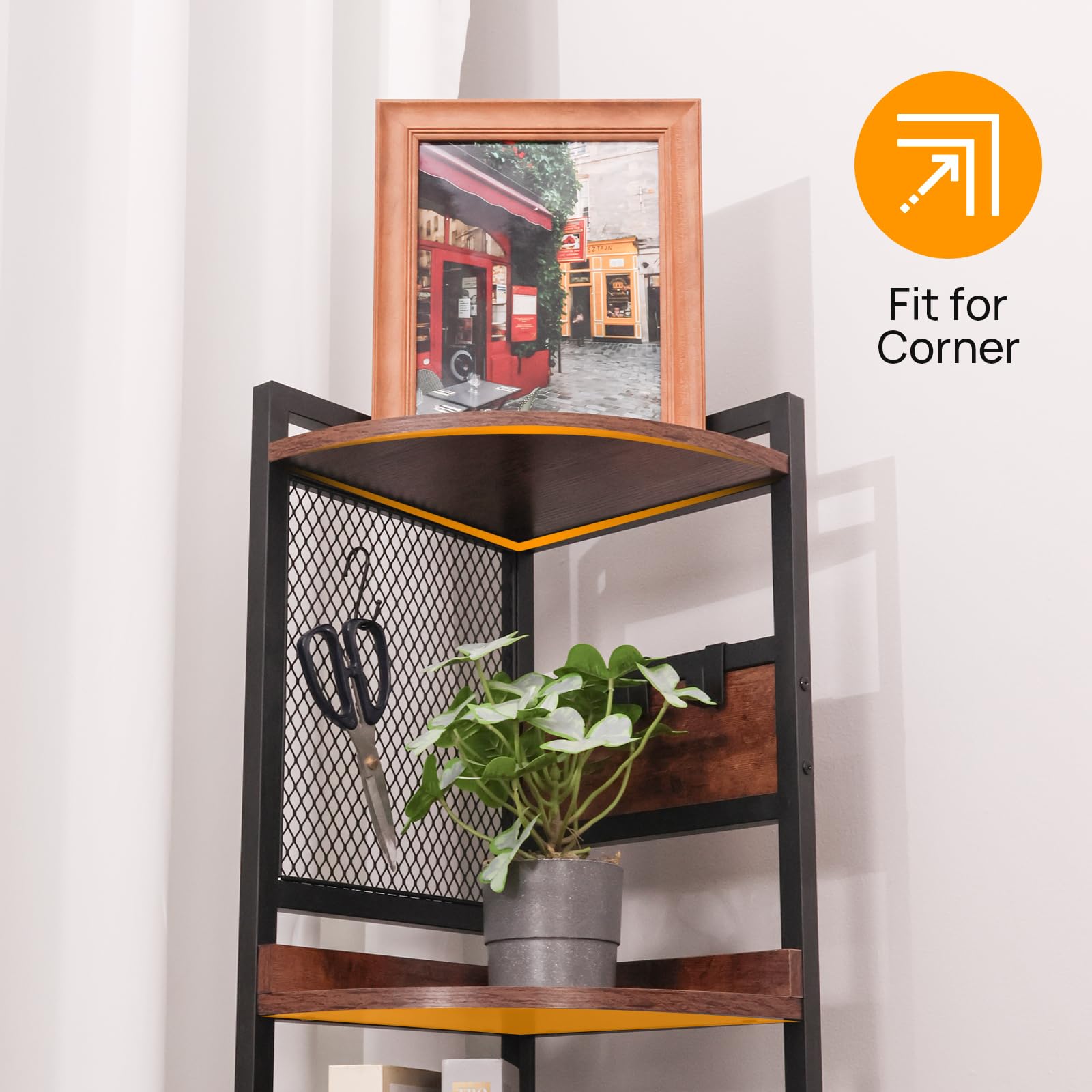 ALBAD 5 Tier Corner Shelf Stand, 59.8 Inch Corner Shelf Stand with Metal Frame, Wood Corner Bookshelf Plant Stand, Ladder Display Shelf for Bathroom, Living Room, Kitchen