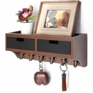 rebee vision modern farmhouse key holder wall mount with 2 drawer organizer : mail organizer with 6 key hooks and wall shelf - home organization for room decor (brown & black)