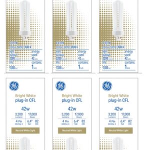 GE Lighting (case of 6) GE 93118251 Bright White 42 Watt Plug-in CFL GX24q-4 Base, 3500K Neutral Bright White, 6.4-inch F42TBX Light Bulb, 4 pin Plug-in