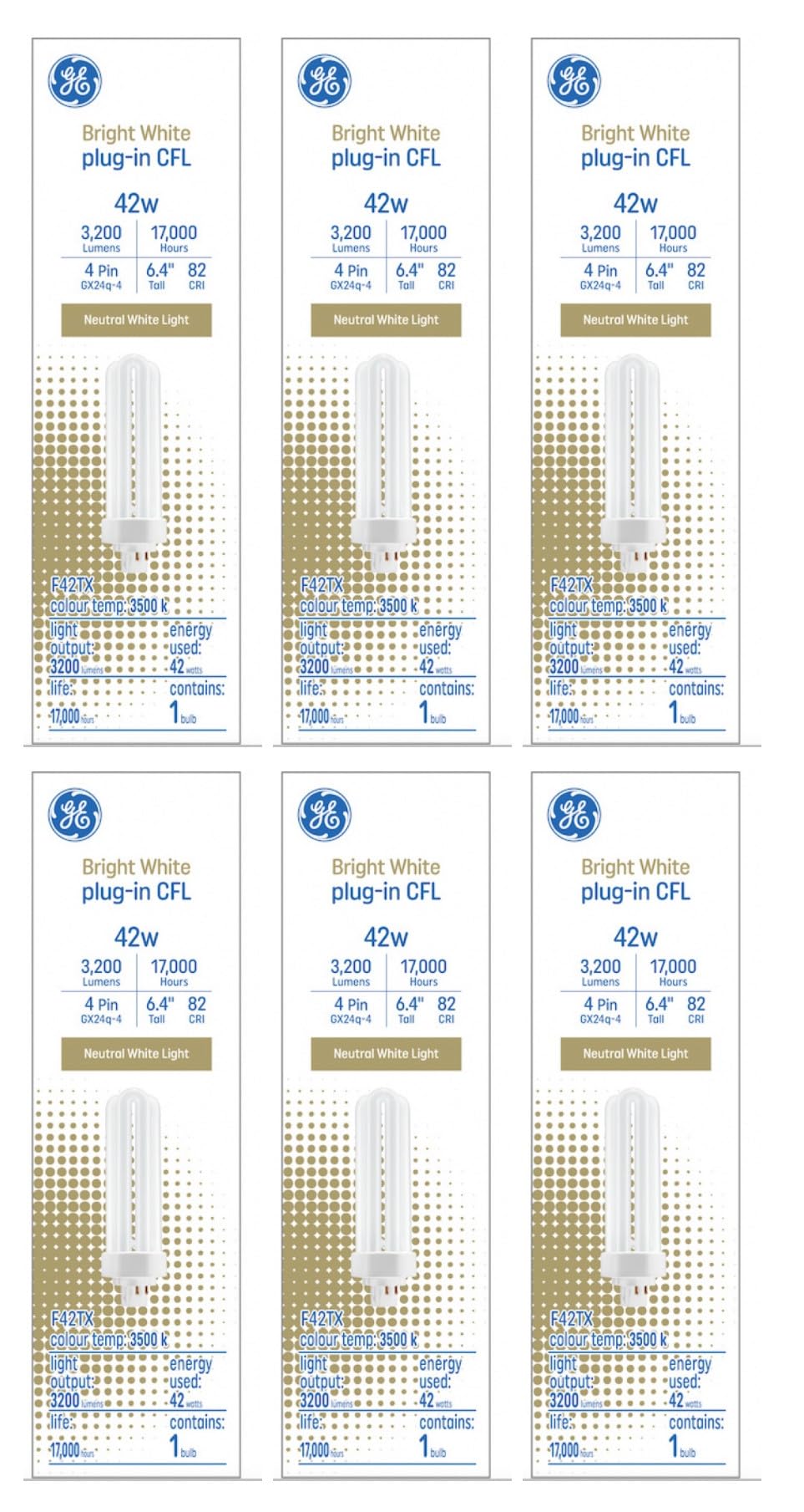 GE Lighting (case of 6) GE 93118251 Bright White 42 Watt Plug-in CFL GX24q-4 Base, 3500K Neutral Bright White, 6.4-inch F42TBX Light Bulb, 4 pin Plug-in