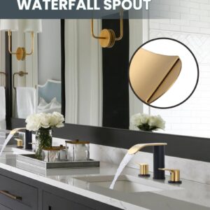 WOWOW Waterfall Bathroom Faucet 3 Holes 8Inch Widespread Bathroom Sink Faucet, Two Handles Lavatory Vanity Sink Faucets with Pop-up Drain & Supply Hoses, Modern Faucet Mixer Taps Black and Gold