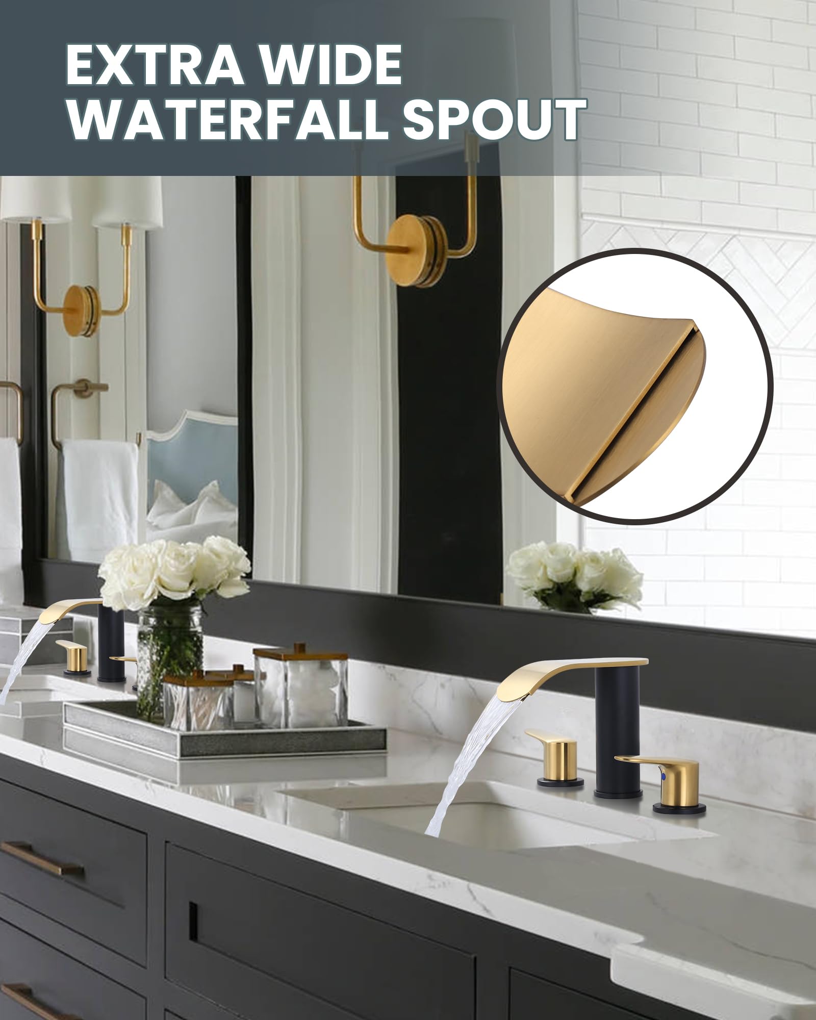 WOWOW Waterfall Bathroom Faucet 3 Holes 8Inch Widespread Bathroom Sink Faucet, Two Handles Lavatory Vanity Sink Faucets with Pop-up Drain & Supply Hoses, Modern Faucet Mixer Taps Black and Gold