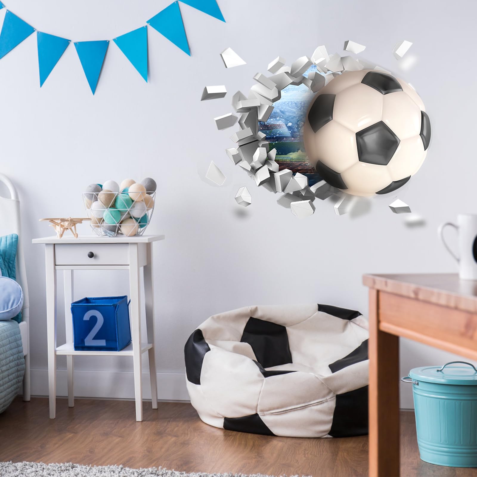 29.5x27.6 Inch 3D Football Wall Sticker Set, 2 Sheets Soccer Decals for Boys Room, PVC Self-Adhesive Soccer Wallpaper Sport Posters Wall Art Decor for Kids Bedroom Home Party Birthday Decoration