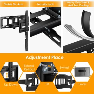 SweeEase 6 Arms TV Wall Mount for 26-65 inch, Full Motion Up Down Swivel Tilt Level Retractable TV Bracket for Flat Curved Max 110 lbs Max VESA 400x400mm TV, 8"-16"Wood Stud Articulating TV Wall Mount