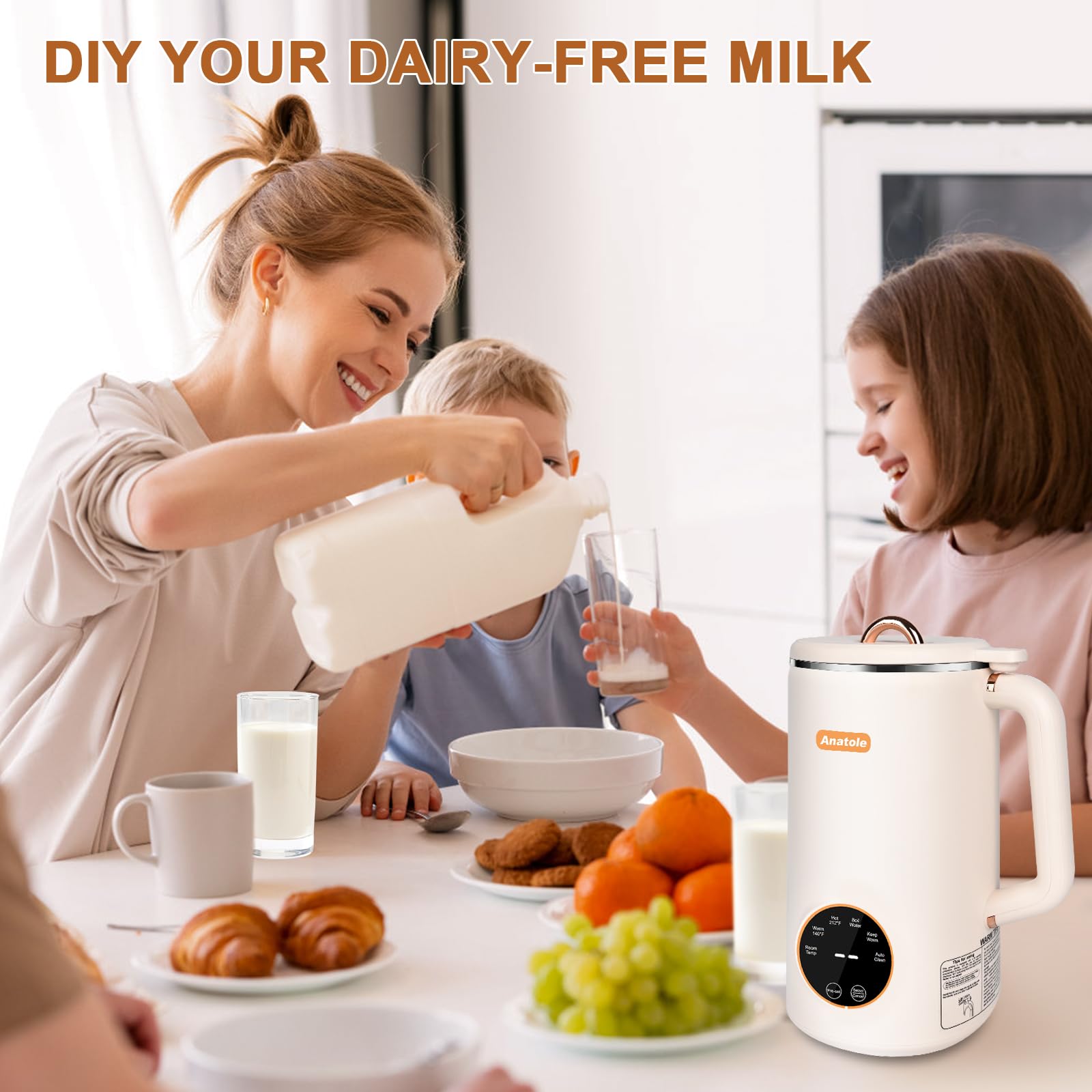 Anatole Nut Milk Maker 34oz 1000ml Cold Warm Hot Almond Milk Machine Soy Oat Cow Plant-Based Milk Blender Homemade Dairy-Free Juice Paste with 10 Stainless Steel Blades 12 Hours Timer Recipes