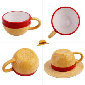 HACOCOLA Anime Ceramic One Piece Coffee Mugs Merch, Luffy Straw Hat Manga Milk Tea Cup Collection Gift Set for Anime Lovers (Luffy)