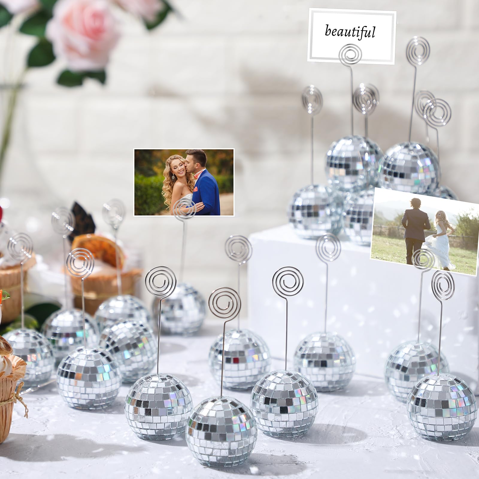 Uiifan 20 Set Picture Holders Disco Ball Table Name Card Holder Disco Ball Table Number Stands Photo Holder with Swirl Wire and Place Cards for Display Menu Wedding Party Birthday (Silver,2 Inch)