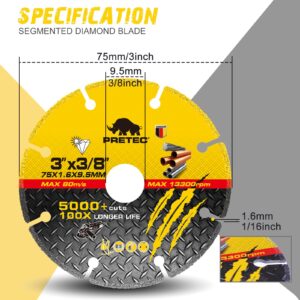 PRETEC 3 Inch Diamond Cutting Wheel for Metal, 2 Pcs Carbide Cut Off Wheels with 3/8" Arbor Hole, 3'' Angle Grinder Cutting Disc with 5000+ Cuts on Rebar, Steel, Iron and INOX, 100x Longer Wheel Life