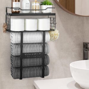 Towel Racks for Bathroom Wall Mounted - Bath Wall Towel Storage Holder Set Above Toilet, Rolled Towel Shelf Organizer for Small Bathroom Black, Wood Vertical Towel Rack for Bathroom Wall Decor