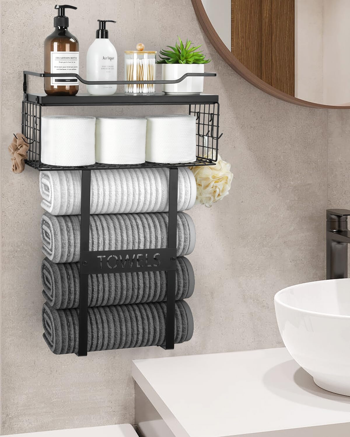 Towel Racks for Bathroom Wall Mounted - Bath Wall Towel Storage Holder Set Above Toilet, Rolled Towel Shelf Organizer for Small Bathroom Black, Wood Vertical Towel Rack for Bathroom Wall Decor