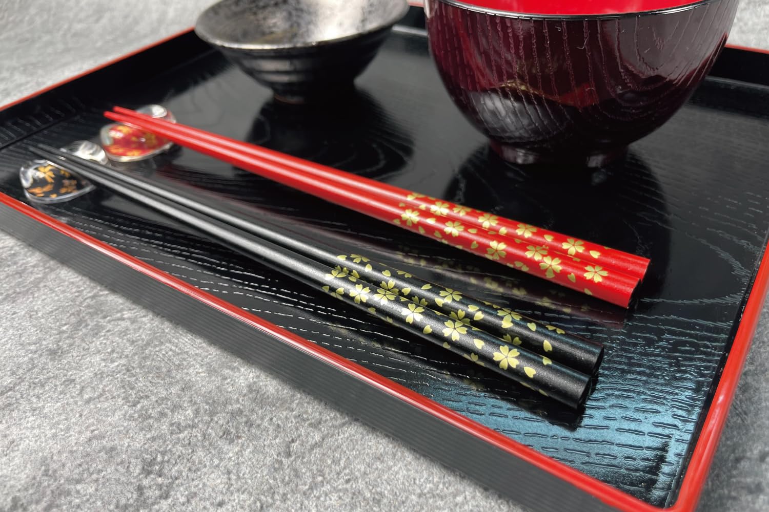 Premium Japanese Chopsticks Reusable with Chopsticks Rest Set of 2 Pairs[ Made in Japan ] Traditional Lacquer Art Wooden Chopsticks (Gold Flower BK/RD(MK018))