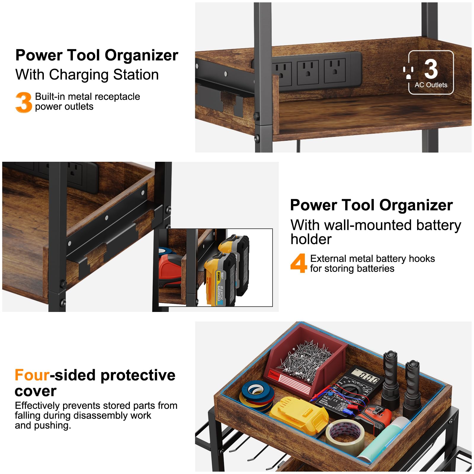 Utility Tool Storage on Wheel-Rolling Cart Organizer Power Tool Storage with Charging Station Garage Tool Box Holder Heavy Duty Tool Organization-Cart Drill Set Batteries Hanging Stand for Men Gift